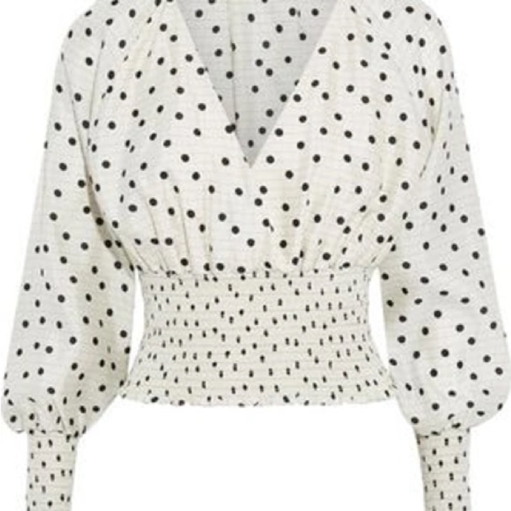 Diane Von Furstenberg White Puff Sleeve Shirred Polka-Dot Silk Top  Blouse